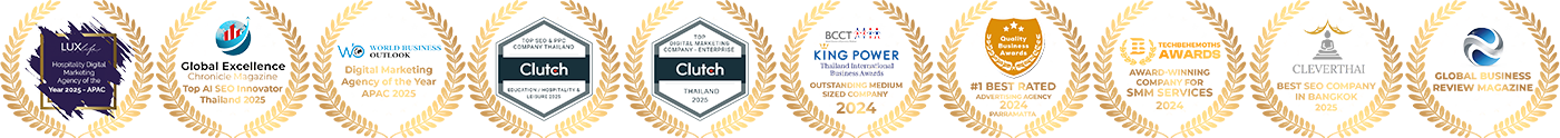 Award badges recognizing web development agency's expertise in web design, SEO, and digital marketing.